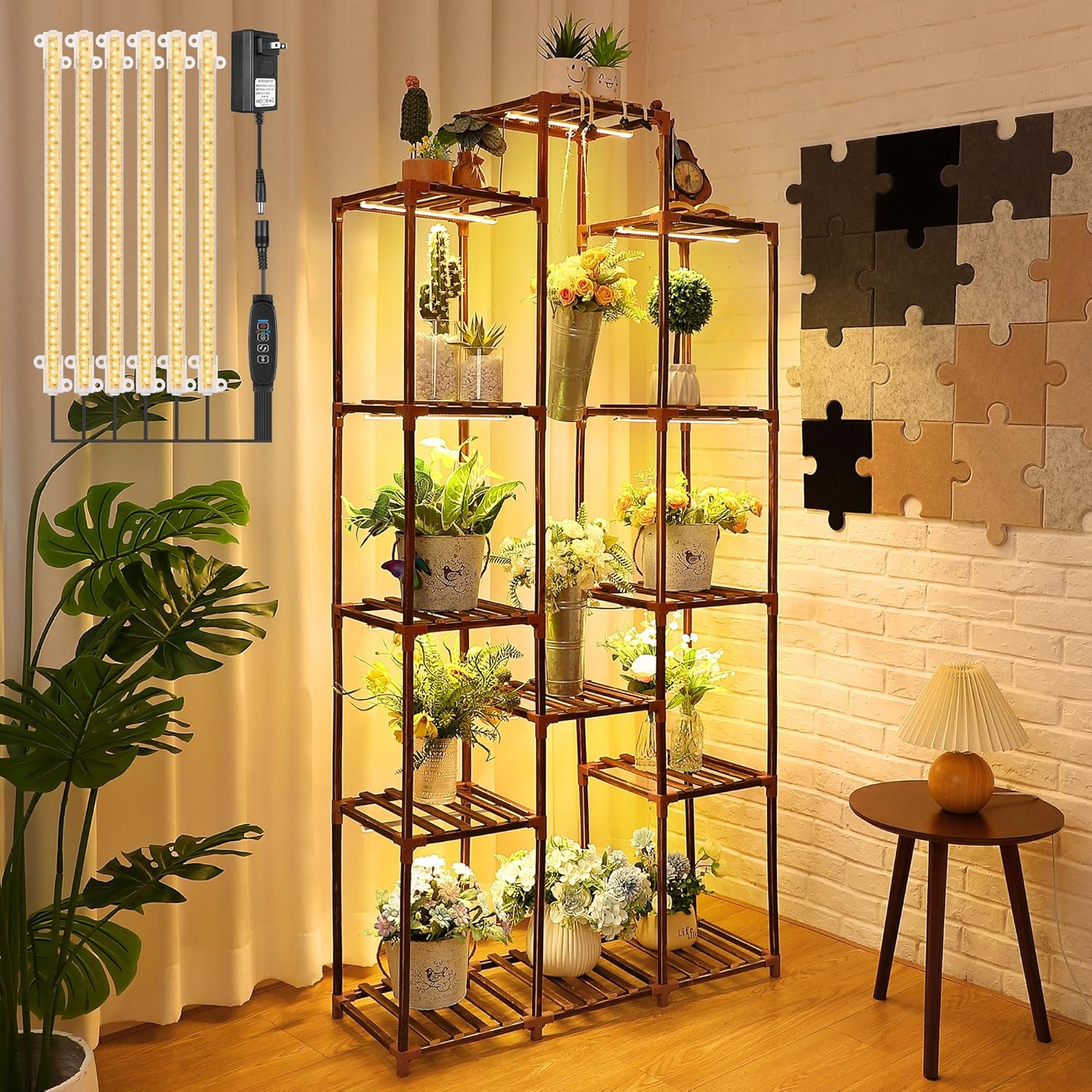 Plant Stand Indoor with Grow Lights, 13 Tiered Indoor Plant Shelf, Tall Plant Stand for Indoor Plants Multiple, Wood Plant Flower Holder, for Living Room Balcony Corner Garden